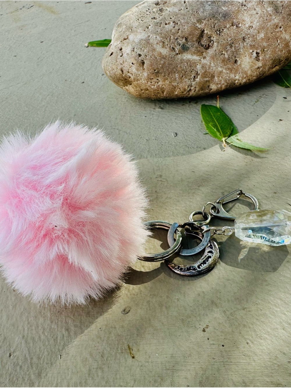 Pink Faux Fur Pom Pom Keychain with Crystal Accent